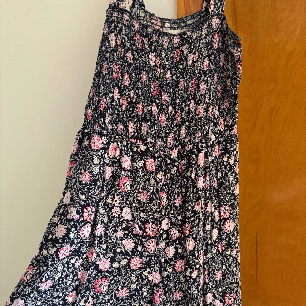 LOFT Black Floral Smocked Jumpsuit with Pink and White Flowers